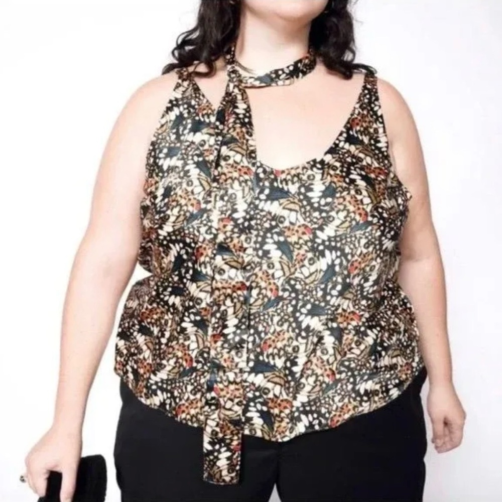 Wildfang Women's Satin Cami Tank Top with Sash Multicolor Butterfly Print- NWT